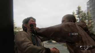 A screenshot from the game The Last of Us Part II Remastered on PC, showing Jesse being attacked by an enemy.