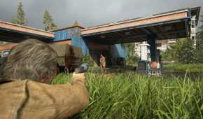 A screenshot from the game The Last of Us Part II Remastered on PC, showing Joel proning in grass and aiming at an enemy.