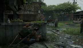 A screenshot from the game The Last of Us Part II Remastered on PC, showing Dina crouching in cover while an enemy with a bow patrols nearby.