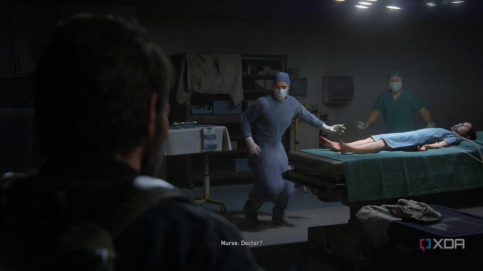 A screenshot from the game The Last of Us Part II Remastered on PC, showing two surgeons wearing scrubs while a young girl lies on the operating table.