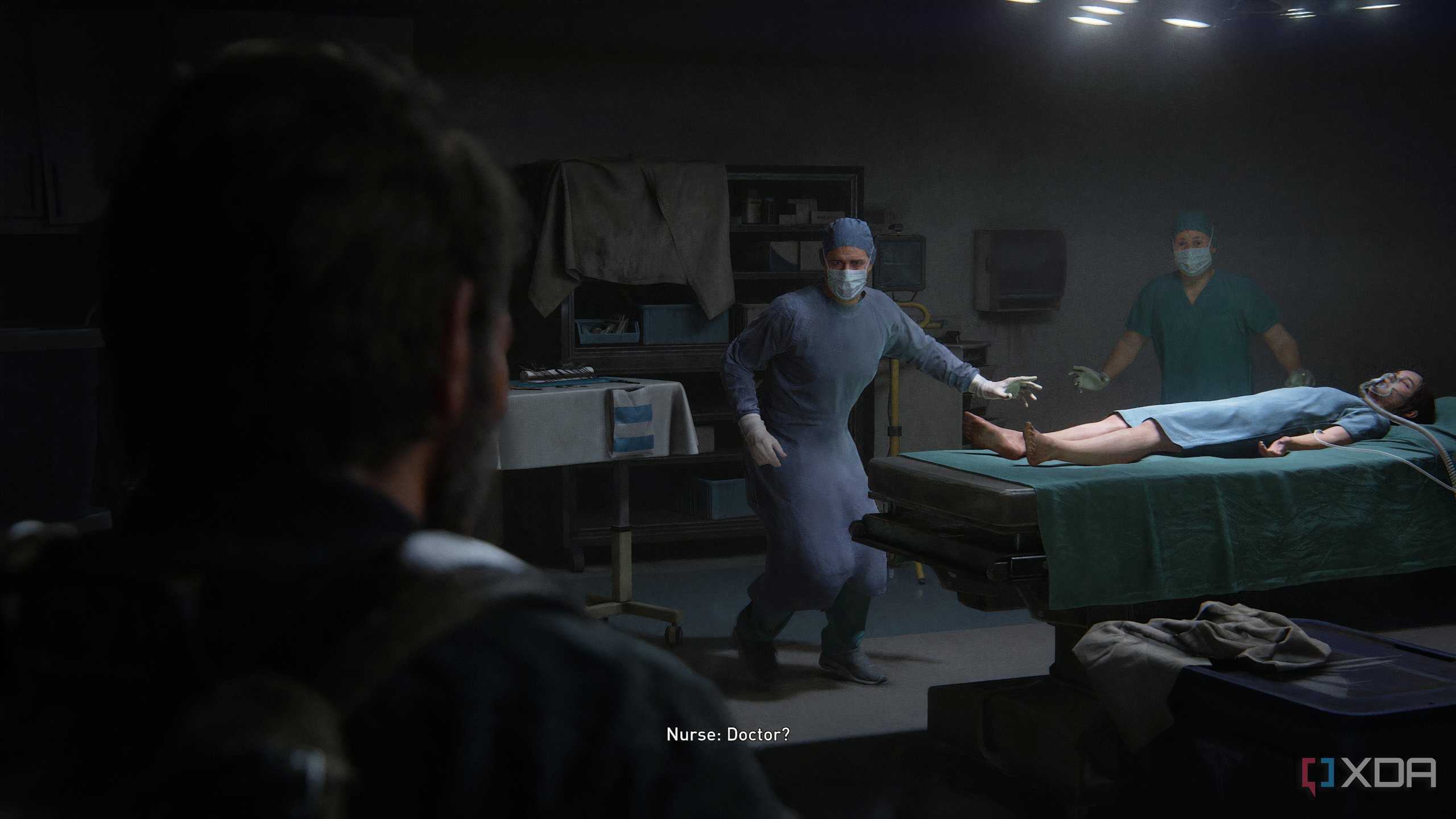 A screenshot from the game The Last of Us Part II Remastered on PC, showing two surgeons wearing scrubs while a young girl lies on the operating table.
