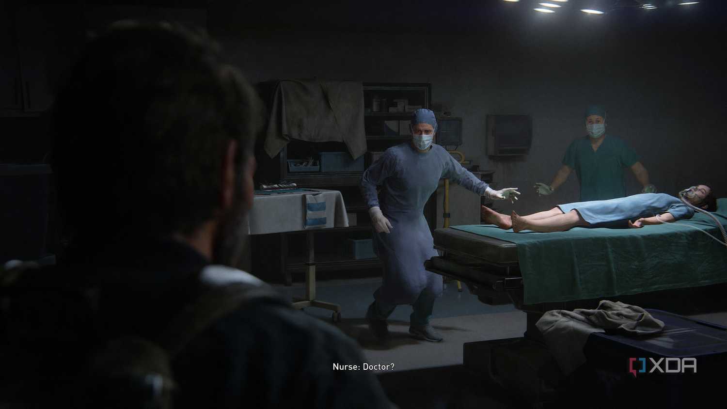 A screenshot from the game The Last of Us Part II Remastered on PC, showing two surgeons wearing scrubs while a young girl lies on the operating table.