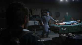 A screenshot from the game The Last of Us Part II Remastered on PC, showing two surgeons wearing scrubs while a young girl lies on the operating table.