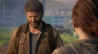 A screenshot from the game The Last of Us Part II Remastered on PC, showing Joel grimacing.