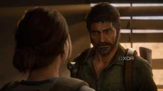 A screenshot from the game The Last of Us Part II Remastered on PC, showing Joel talking sternly to Ellie.
