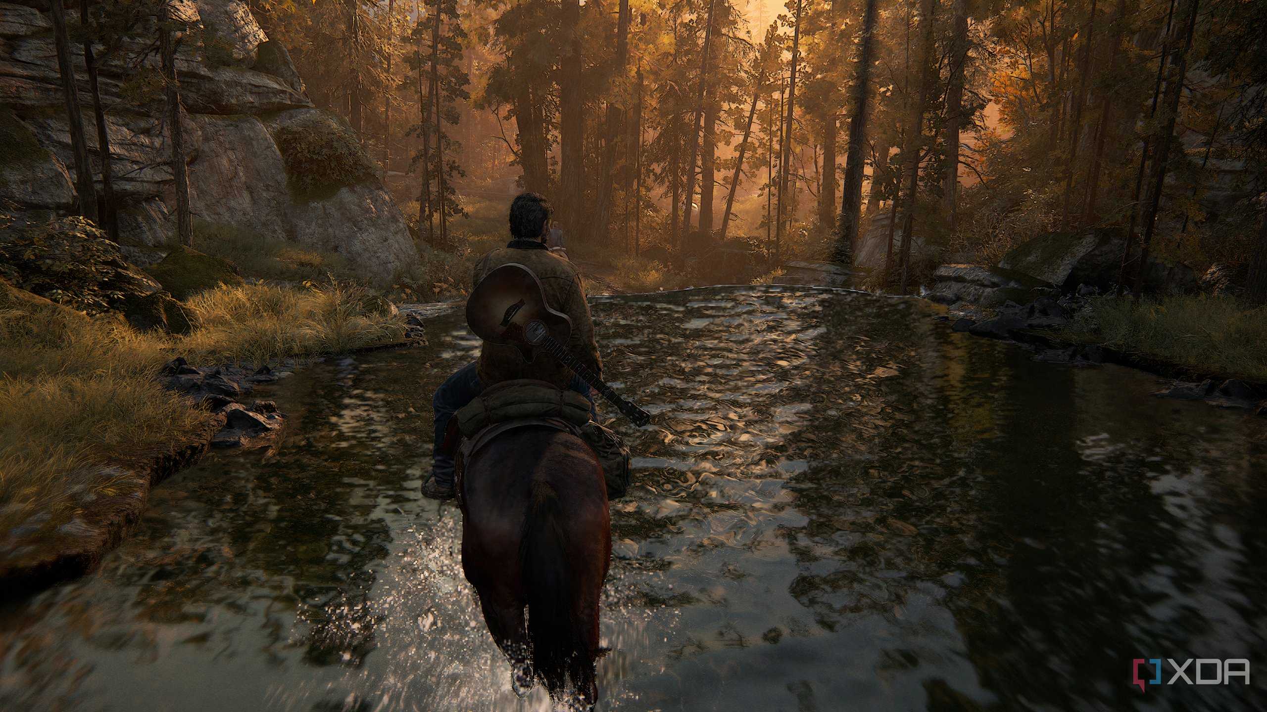 A screenshot from the game The Last of Us Part II Remastered on PC, showing Joel on horseback, wading through water.