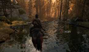 A screenshot from the game The Last of Us Part II Remastered on PC, showing Joel on horseback, wading through water.