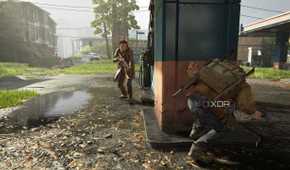 A screenshot from the game The Last of Us Part II Remastered on PC, showing Tommy crouching at a gas station.