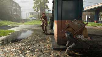 A screenshot from the game The Last of Us Part II Remastered on PC, showing Tommy crouching at a gas station.
