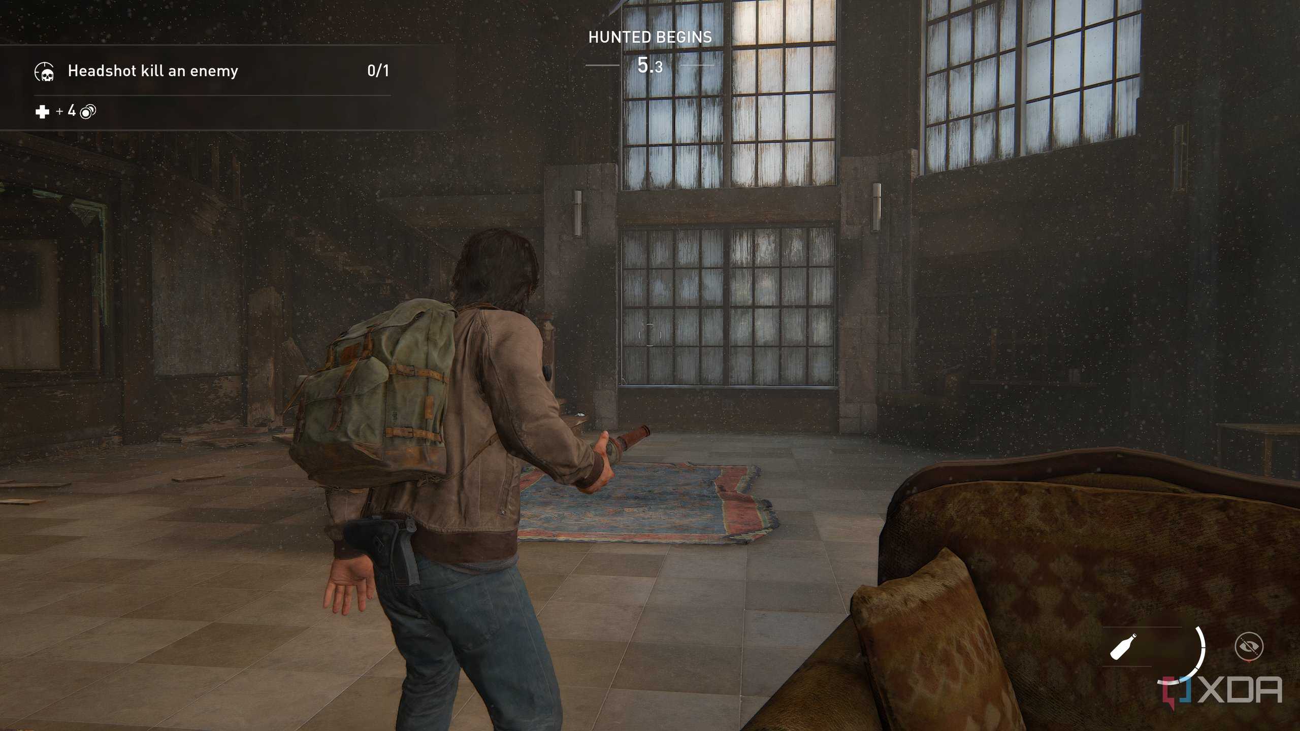 A screenshot from the game The Last of Us Part II Remastered on PC, showing Jesse holding a bottle.