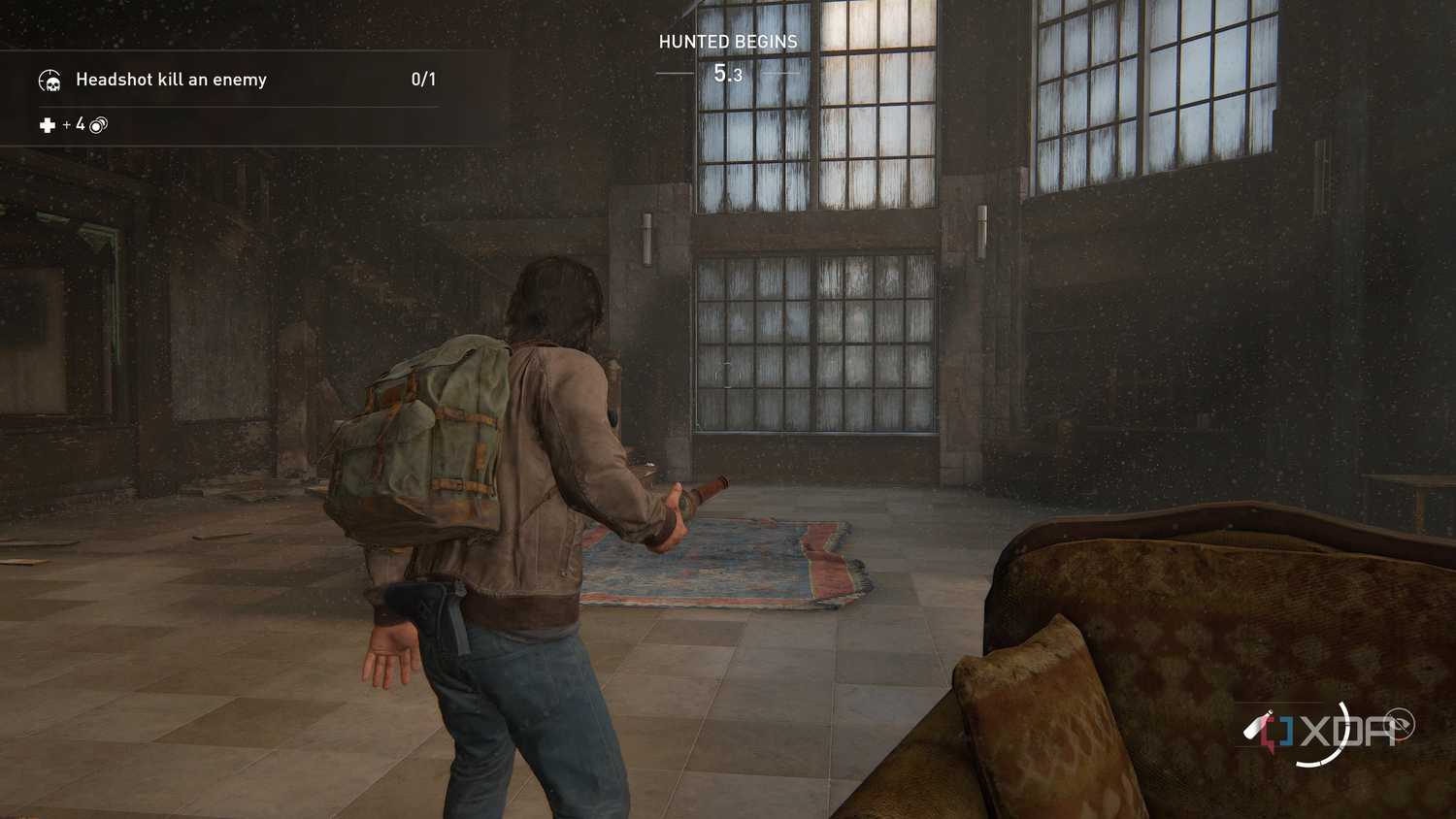 A screenshot from the game The Last of Us Part II Remastered on PC, showing Jesse holding a bottle.