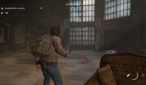 A screenshot from the game The Last of Us Part II Remastered on PC, showing Jesse holding a bottle.