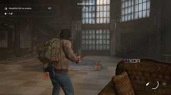 A screenshot from the game The Last of Us Part II Remastered on PC, showing Jesse holding a bottle.