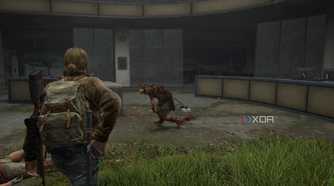 A screenshot from the game The Last of Us Part II Remastered on PC, showing Tommy taking out a gun while walking up to a chained clicker zombie.