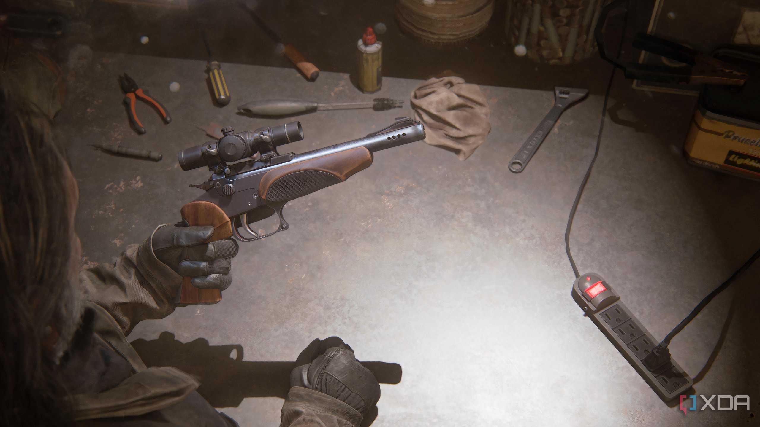 A screenshot from the game The Last of Us Part II Remastered on PC, showing Bill holding a hunting gun.