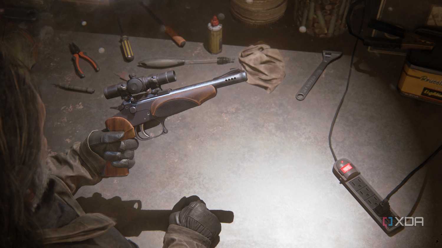 A screenshot from the game The Last of Us Part II Remastered on PC, showing Bill holding a hunting gun.