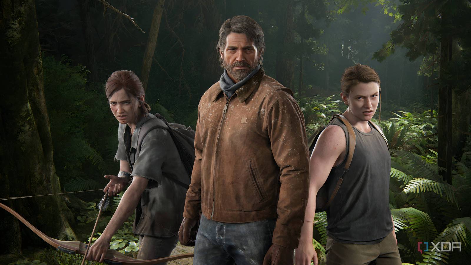 An image of Ellie with a bow-and-arrow, Joel in a winter jacket, and Abby in a tank top.