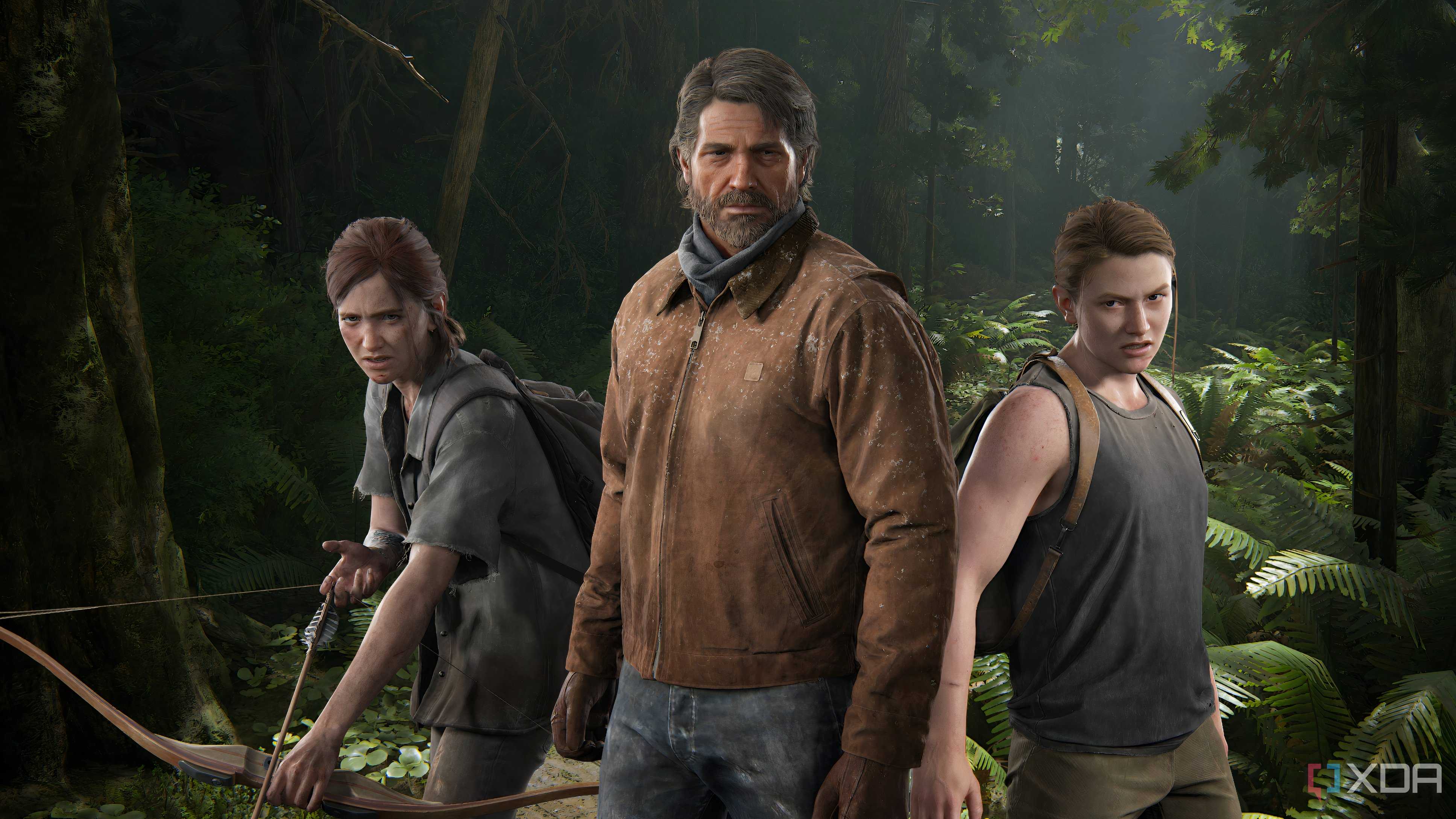An image of Ellie with a bow-and-arrow, Joel in a winter jacket, and Abby in a tank top.