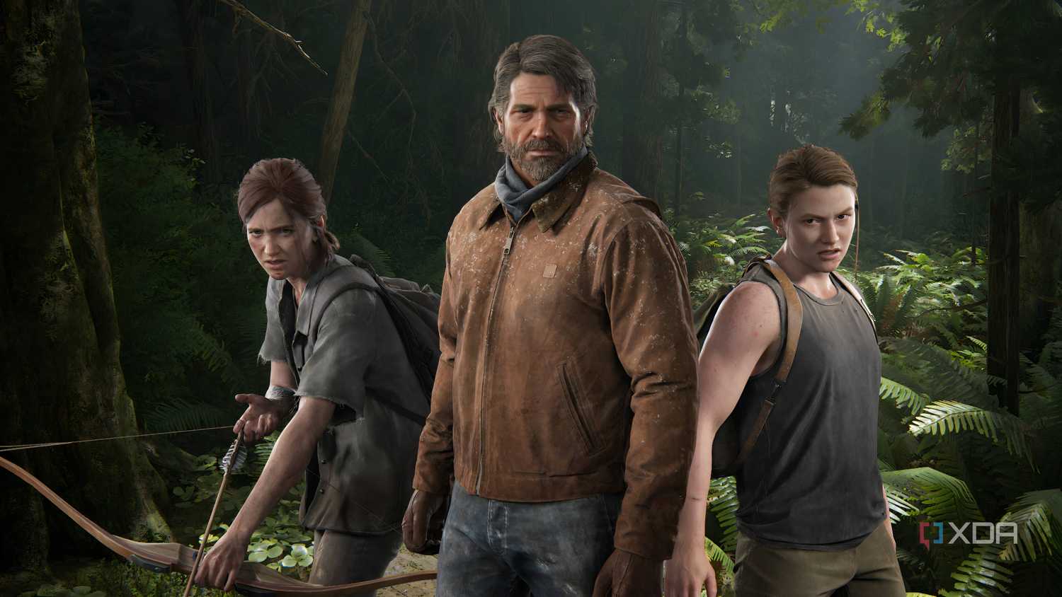 An image of Ellie with a bow-and-arrow, Joel in a winter jacket, and Abby in a tank top.
