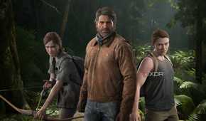 An image of Ellie with a bow-and-arrow, Joel in a winter jacket, and Abby in a tank top.