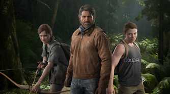 An image of Ellie with a bow-and-arrow, Joel in a winter jacket, and Abby in a tank top.