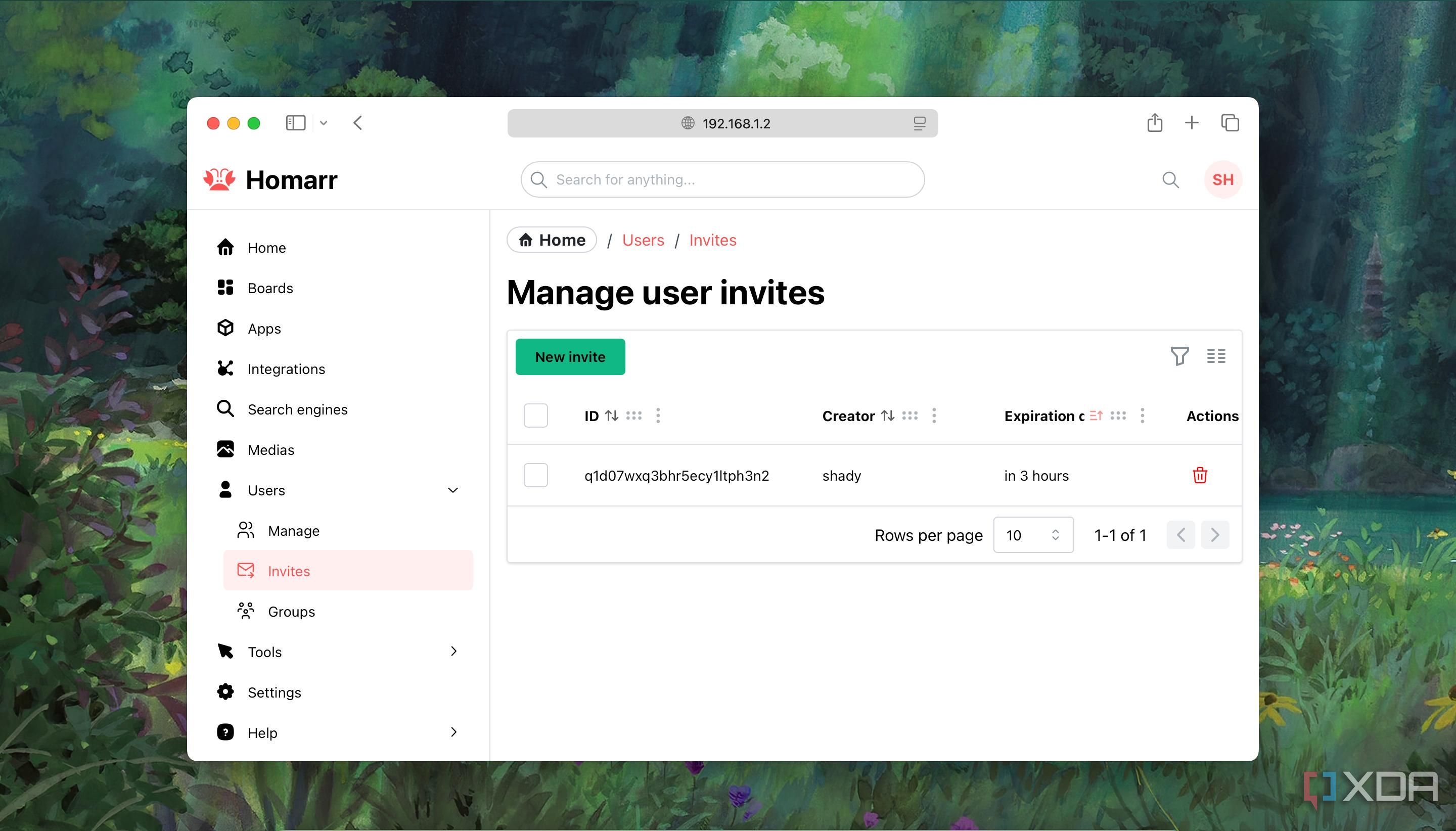 Screenshot of interface for sending tokenized User Invites in Homarr dashboard