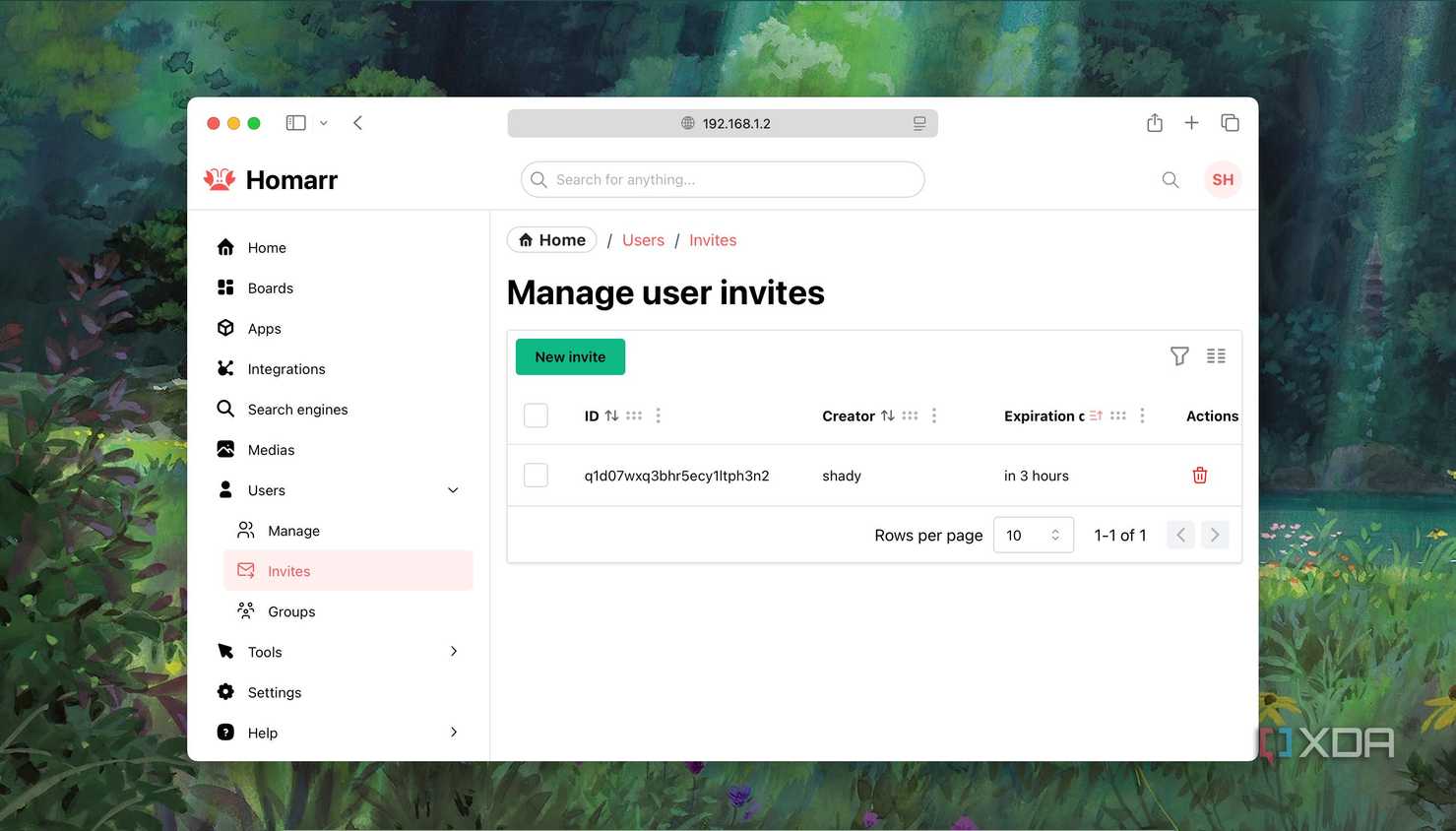 Screenshot of interface for sending tokenized User Invites in Homarr dashboard