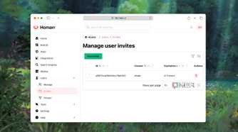 Screenshot of interface for sending tokenized User Invites in Homarr dashboard