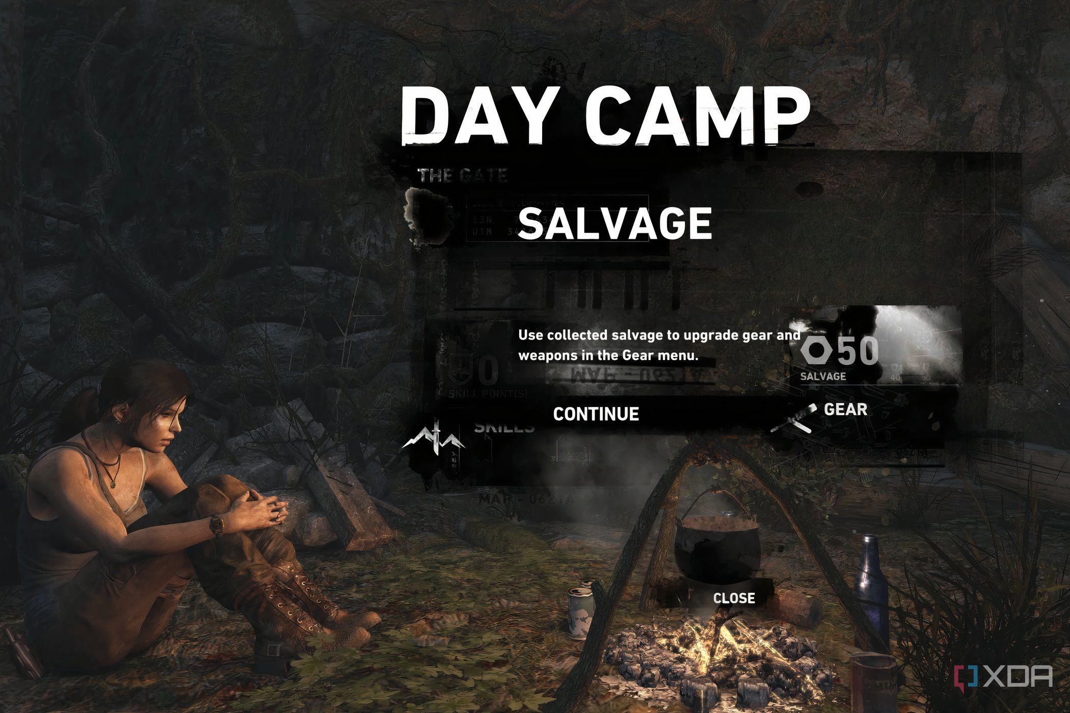 An image from 2013's Tomb Raider, showing Lara Croft resting at a campfire, which is a save spot.