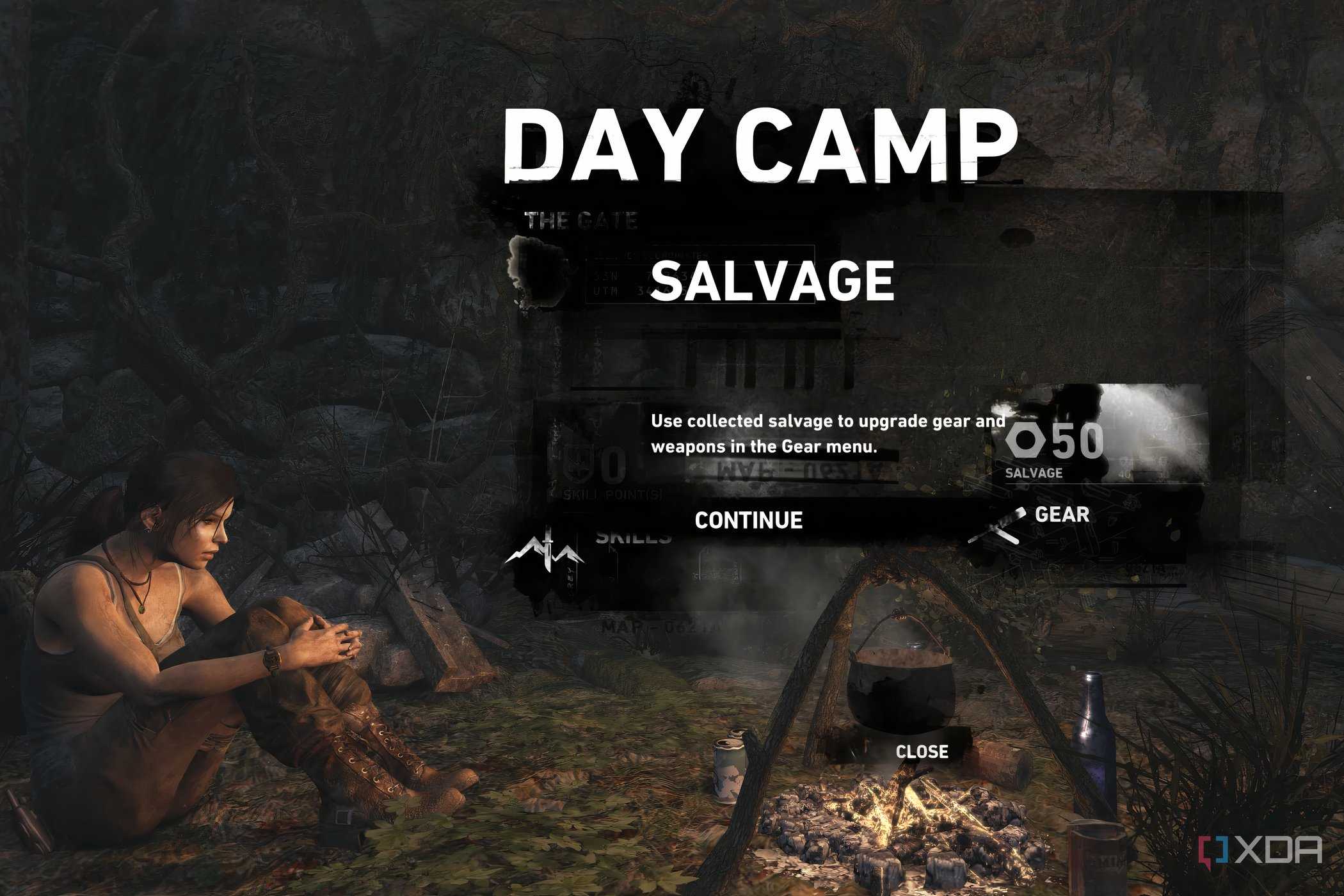 An image from 2013's Tomb Raider, showing Lara Croft resting at a campfire, which is a save spot.