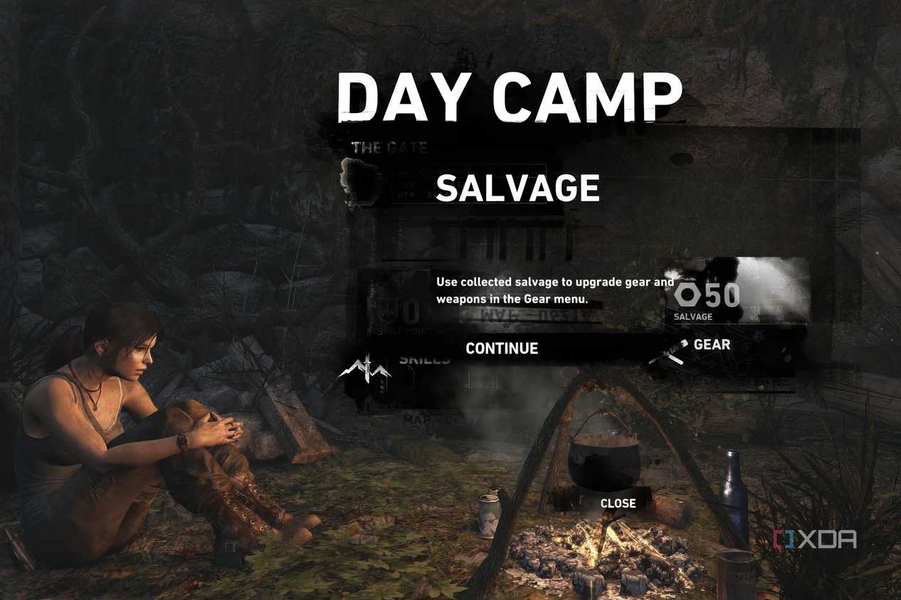 An image from 2013's Tomb Raider, showing Lara Croft resting at a campfire, which is a save spot.