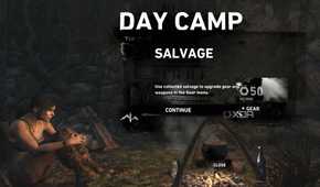 An image from 2013's Tomb Raider, showing Lara Croft resting at a campfire, which is a save spot.