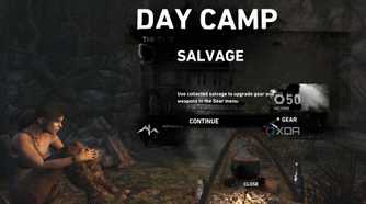 An image from 2013's Tomb Raider, showing Lara Croft resting at a campfire, which is a save spot.