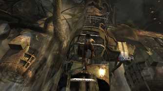 A screenshot from the 2013 game Tomb Raider, showing Lara Croft climb up a dilapidated metal plane.