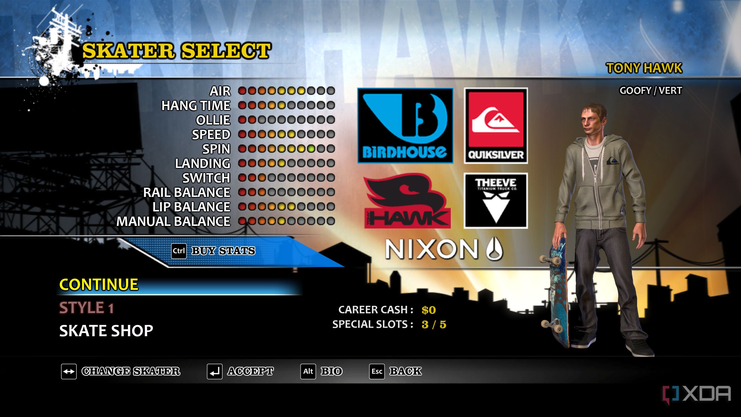 A screenshot from the 2012 game "Tony Hawk's Pro Skater HD", showing the game's character select screen, with Tony Hawk on display.