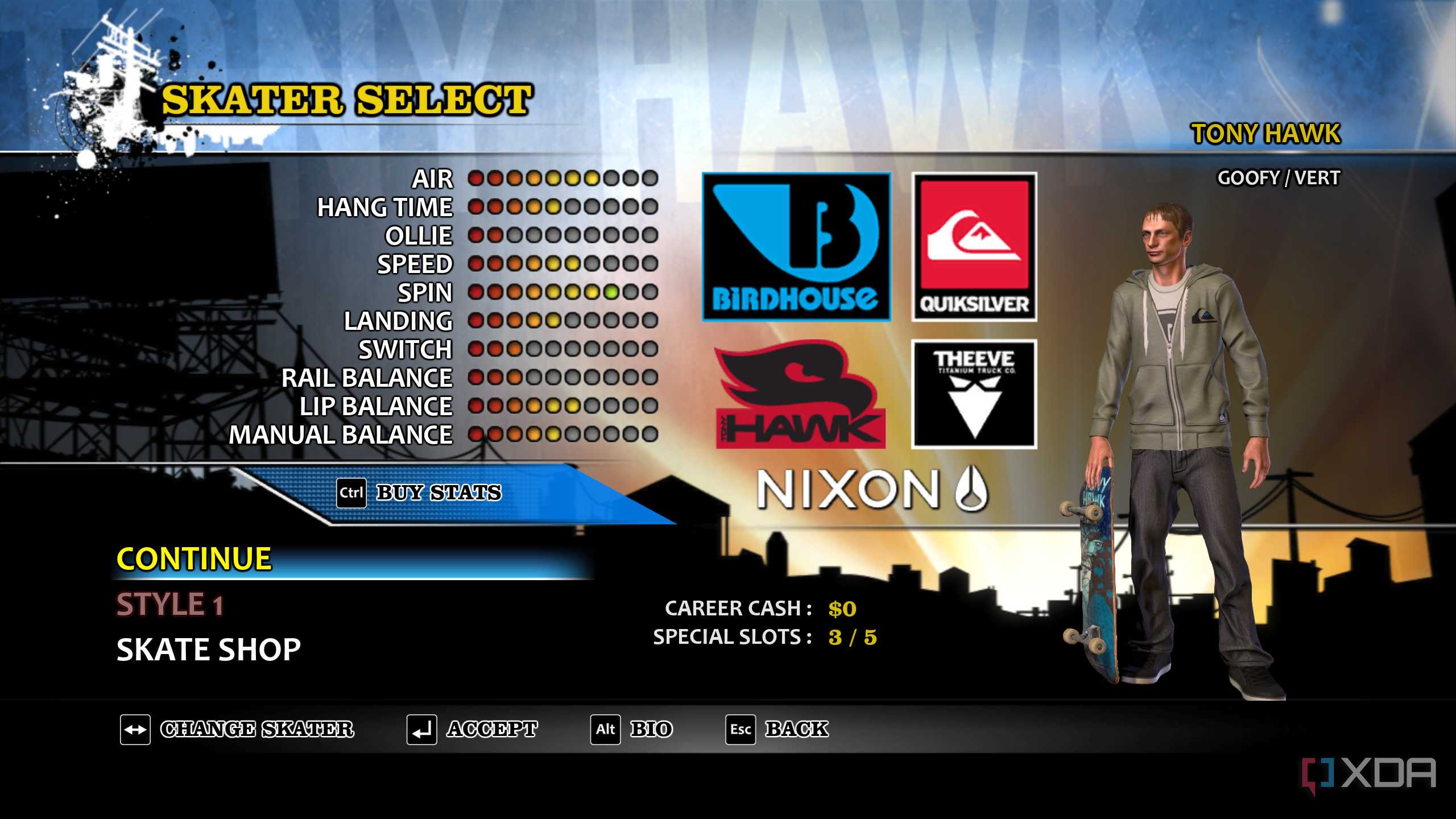 A screenshot from the 2012 game "Tony Hawk's Pro Skater HD", showing the game's character select screen, with Tony Hawk on display.