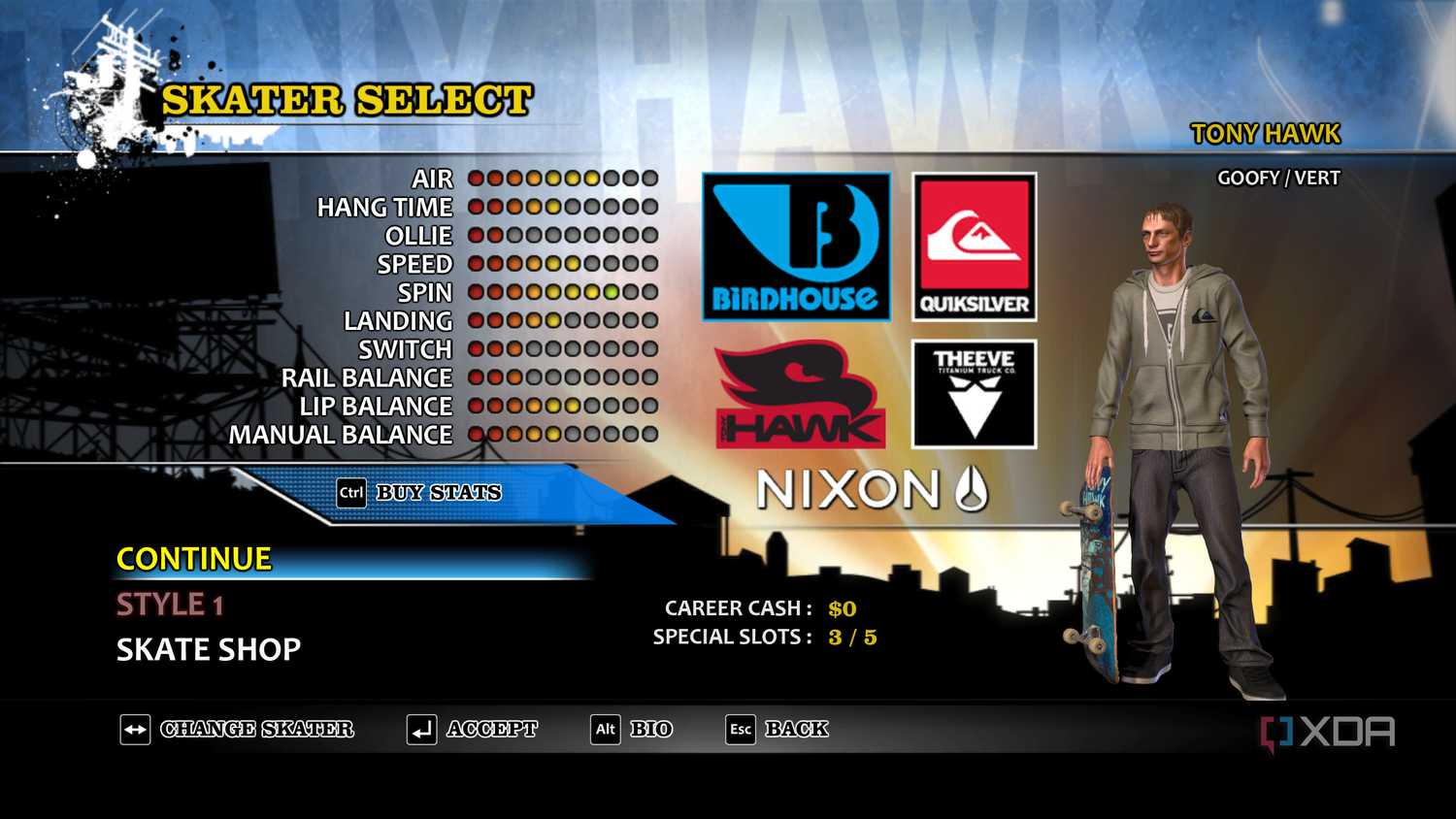A screenshot from the 2012 game "Tony Hawk's Pro Skater HD", showing the game's character select screen, with Tony Hawk on display.