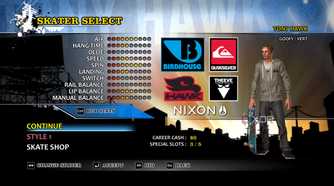 A screenshot from the 2012 game "Tony Hawk's Pro Skater HD", showing the game's character select screen, with Tony Hawk on display.