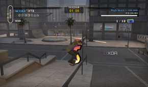A screenshot from the 2012 game "Tony Hawk's Pro Skater HD", showing Tony Hawk grinding on a rail in the game's Los Angeles map.