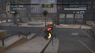 A screenshot from the 2012 game "Tony Hawk's Pro Skater HD", showing Tony Hawk grinding on a rail in the game's Los Angeles map.