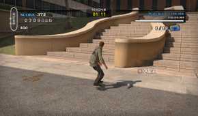 A screenshot from the 2012 game "Tony Hawk's Pro Skater HD", showing Tony Hawk skating next to some stairs in the Los Angeles map.