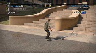 A screenshot from the 2012 game "Tony Hawk's Pro Skater HD", showing Tony Hawk skating next to some stairs in the Los Angeles map.