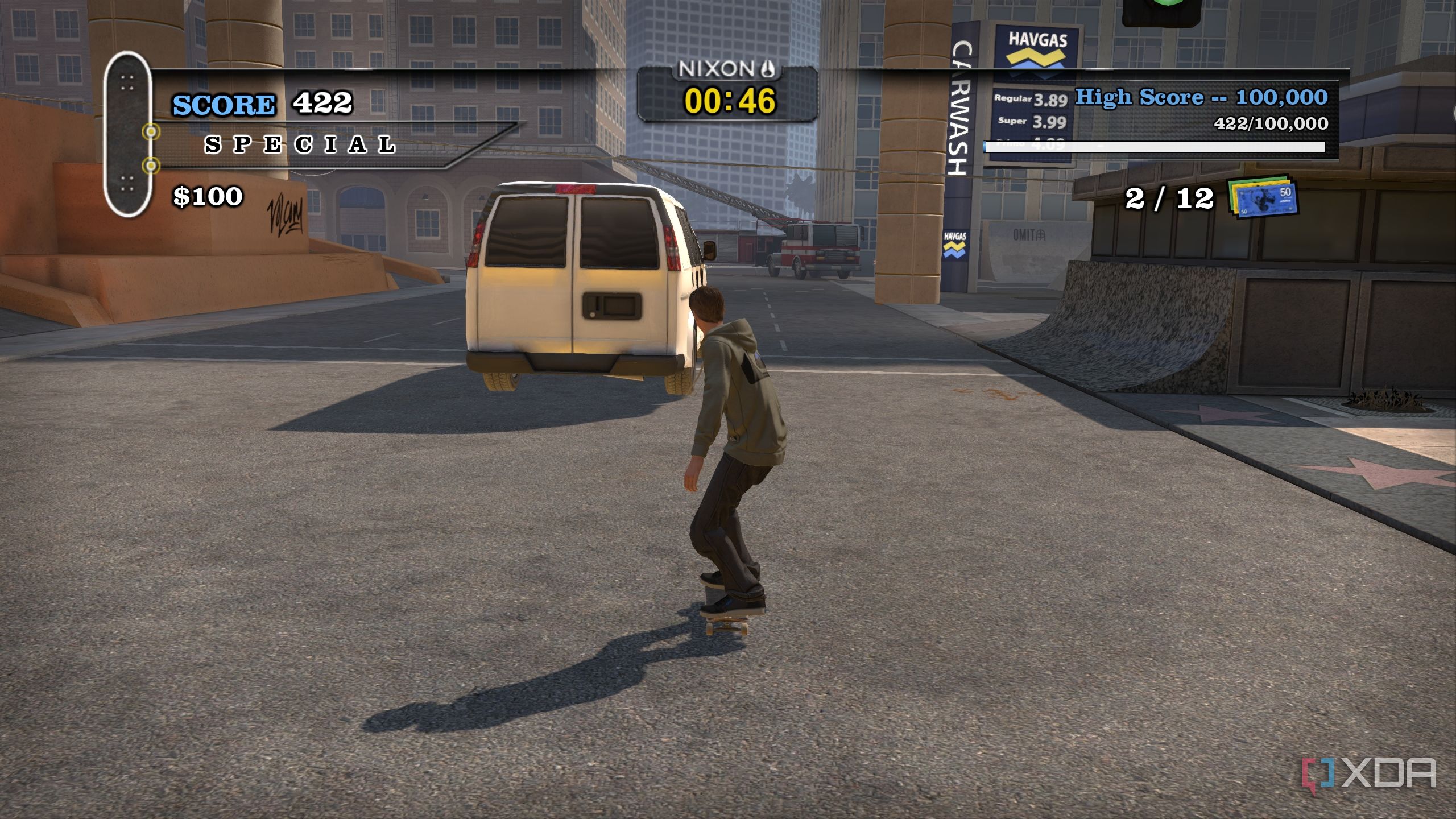 A screenshot from the 2012 game "Tony Hawk's Pro Skater HD", showing Tony Hawk skating after a white van in the game's Los Angeles map.