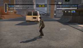 A screenshot from the 2012 game "Tony Hawk's Pro Skater HD", showing Tony Hawk skating after a white van in the game's Los Angeles map.