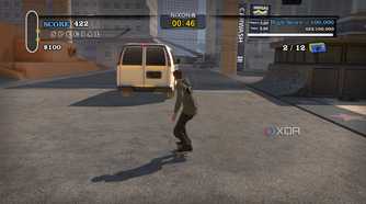 A screenshot from the 2012 game "Tony Hawk's Pro Skater HD", showing Tony Hawk skating after a white van in the game's Los Angeles map.