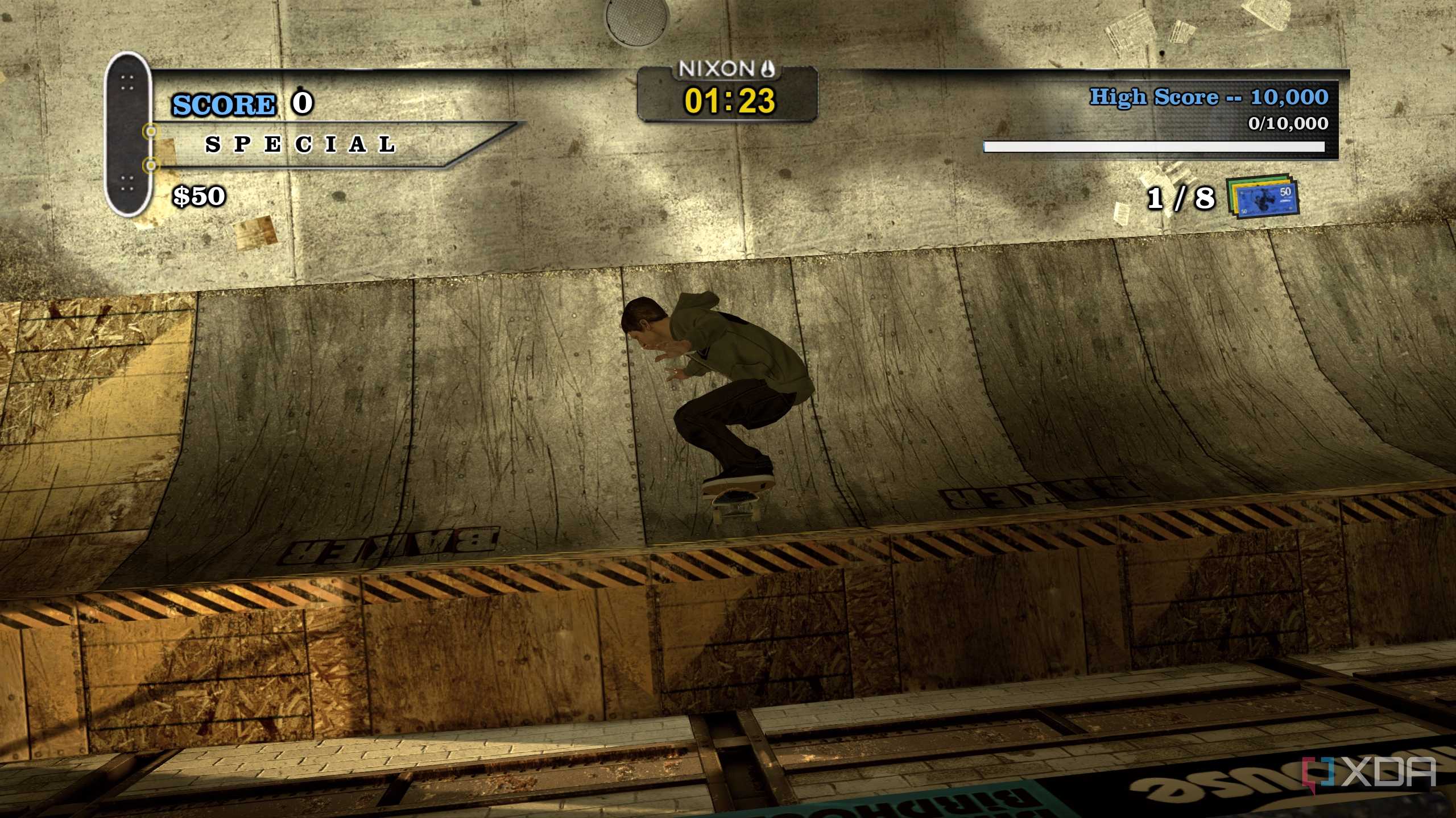 A screenshot from the 2012 game "Tony Hawk's Pro Skater HD", showing Tony Hawk in the air.