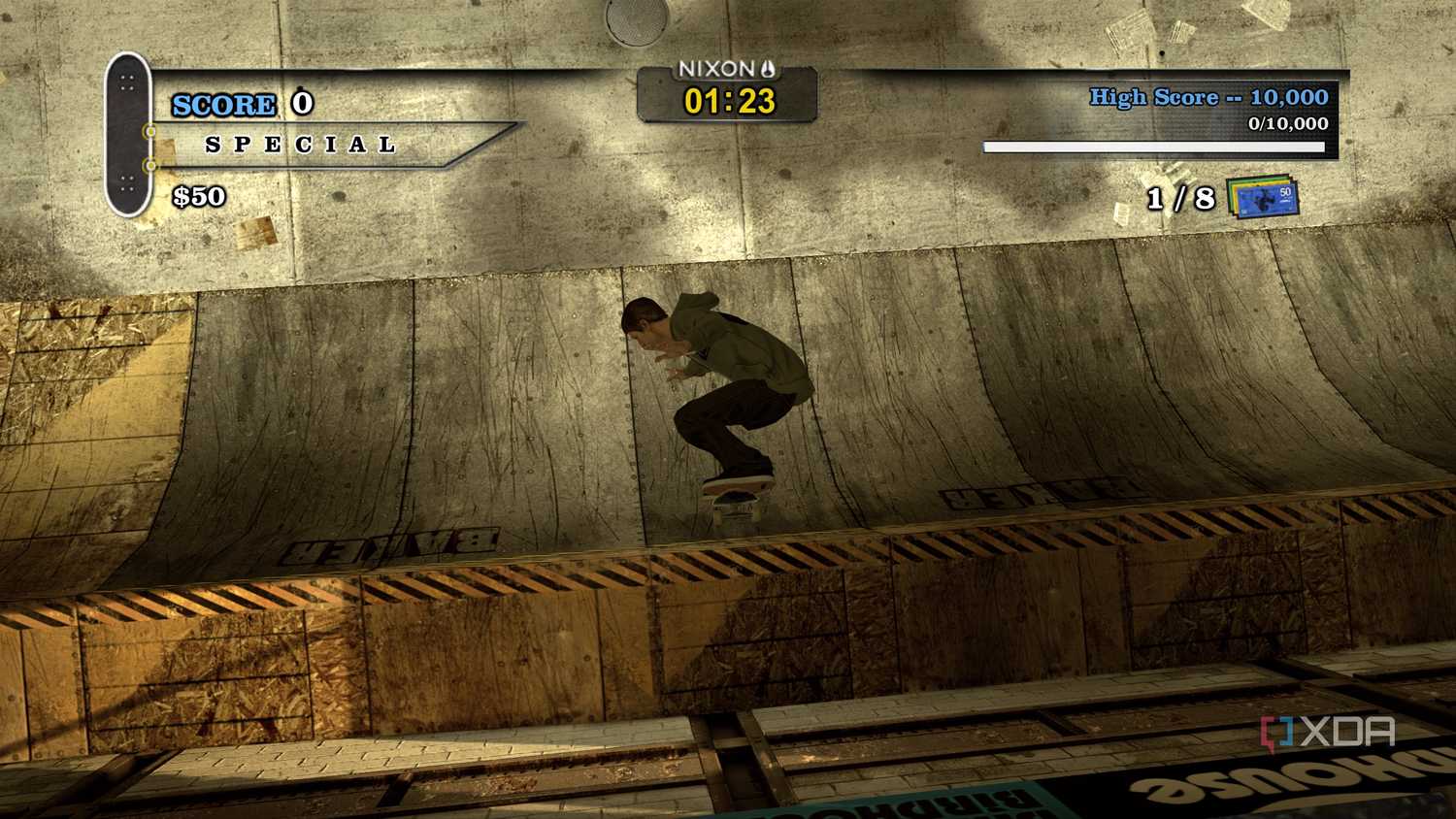 A screenshot from the 2012 game "Tony Hawk's Pro Skater HD", showing Tony Hawk in the air.