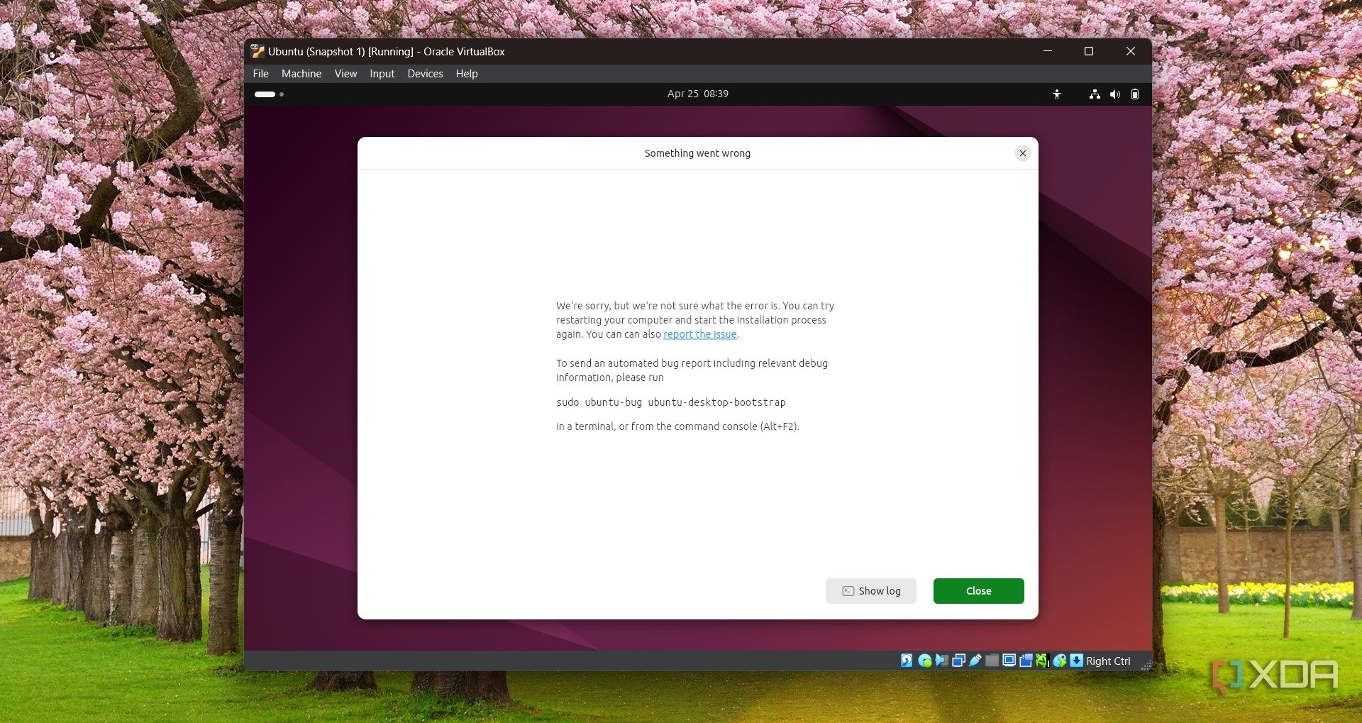 Screenshot of Something went wrong error in Ubuntu