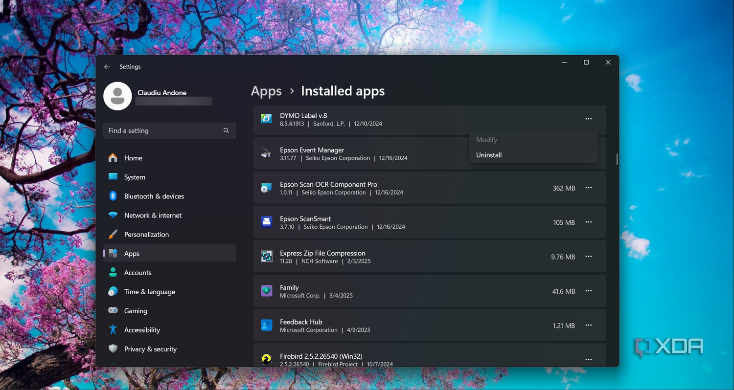 Uninstalling an app using Windows 11 Settings