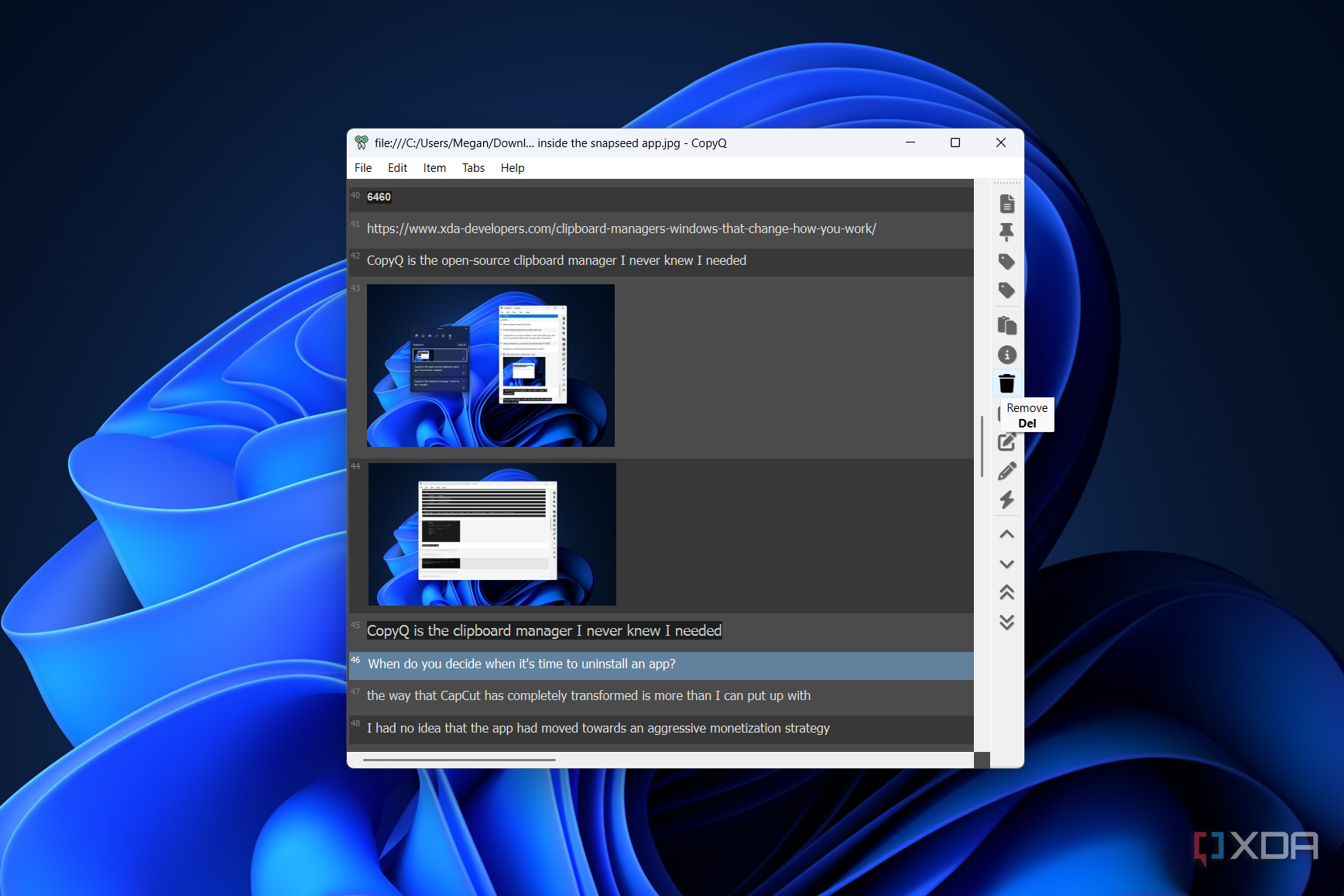 using the remove option in copyq